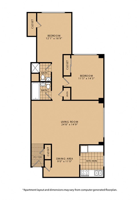 Floor plan for 2 beds, 2 baths, 1100 sqft